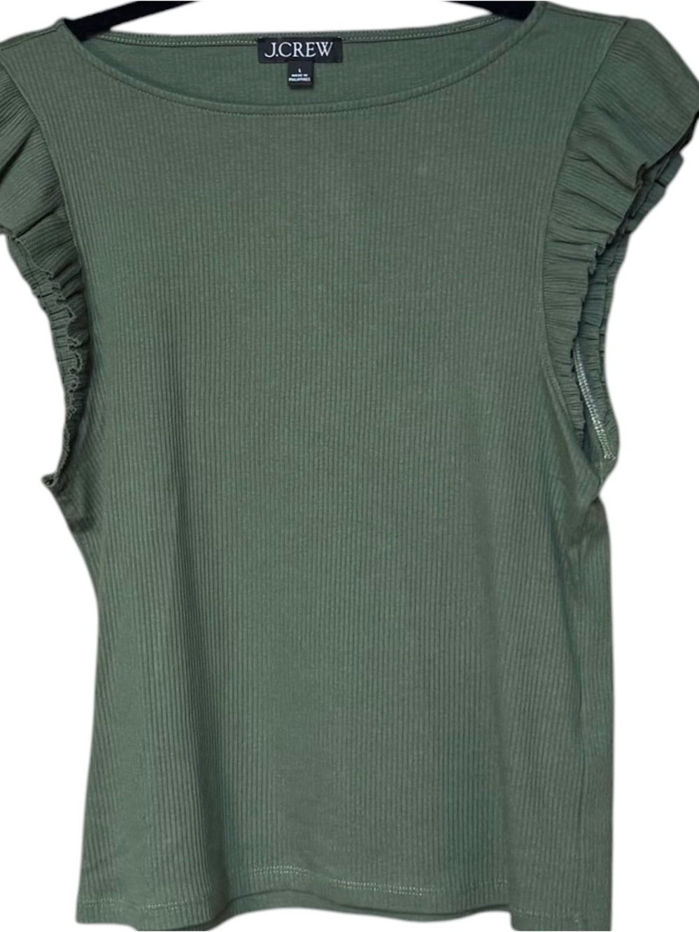 J.Crew Rib Ruffle Boatneck Tank Top Size Large Olive Green